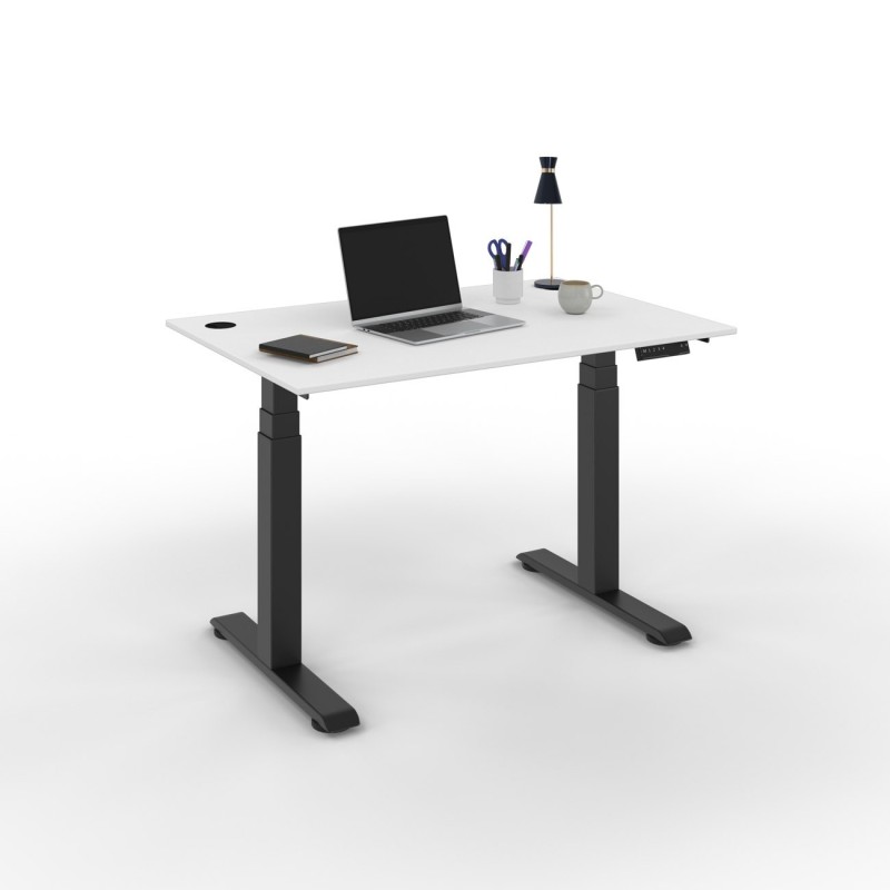 Bureau assis-debout Activ'o - Réglage électrique en hauteur - L.120 x P.80 cm - Plateau Blanc avec obturateurs - Pieds métal Noir