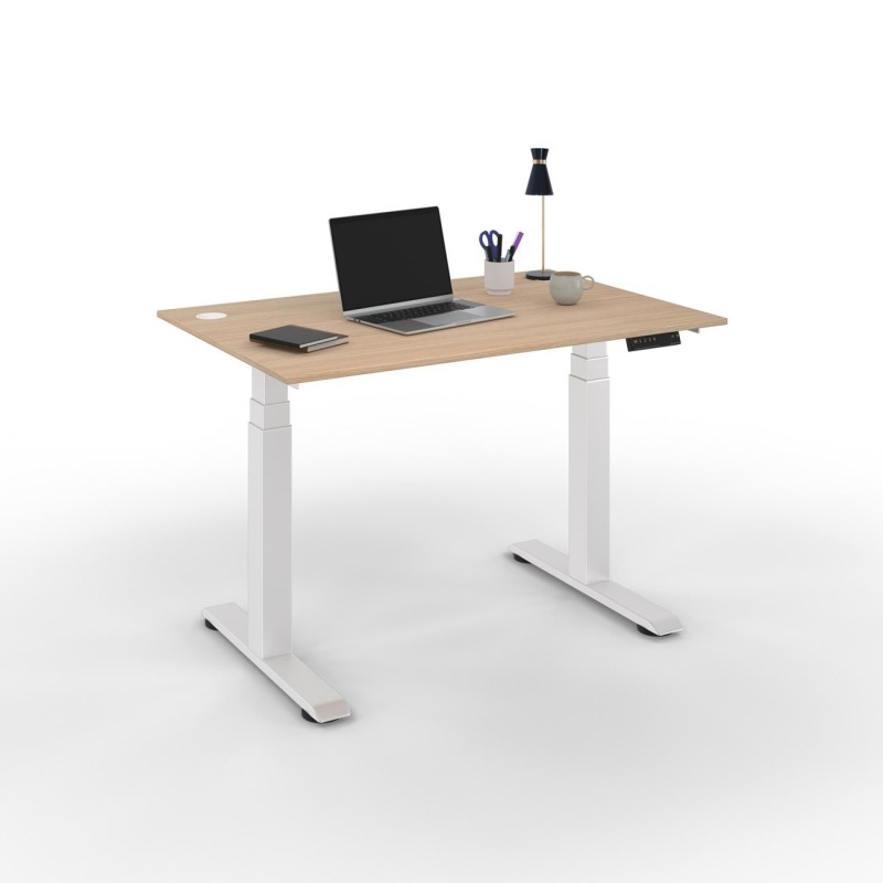 Bureau assis-debout Activ'o - Réglage électrique en hauteur - L.120 x P.80 cm - Plateau Chêne avec obturateurs - Pieds métal Blanc