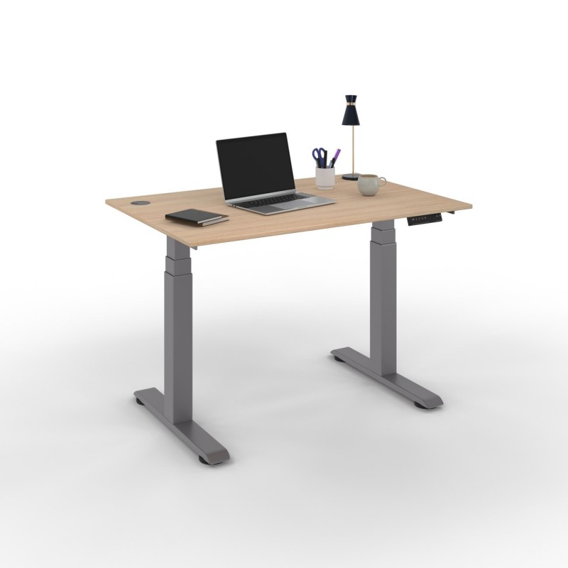 Bureau assis-debout Activ'o - Réglage électrique en hauteur - L.120 x P.80 cm - Plateau Chêne avec obturateurs - Pieds métal Gris