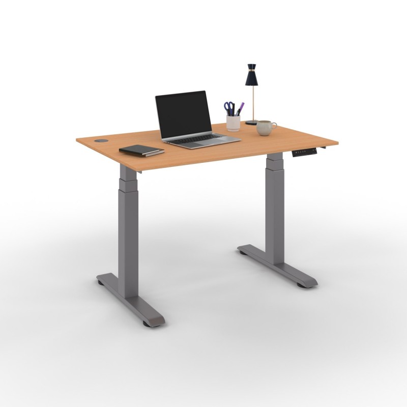 Bureau assis-debout Activ'o - Réglage électrique en hauteur - L.120 x P.80 cm - Plateau Hêtre avec obturateurs - Pieds métal Gris
