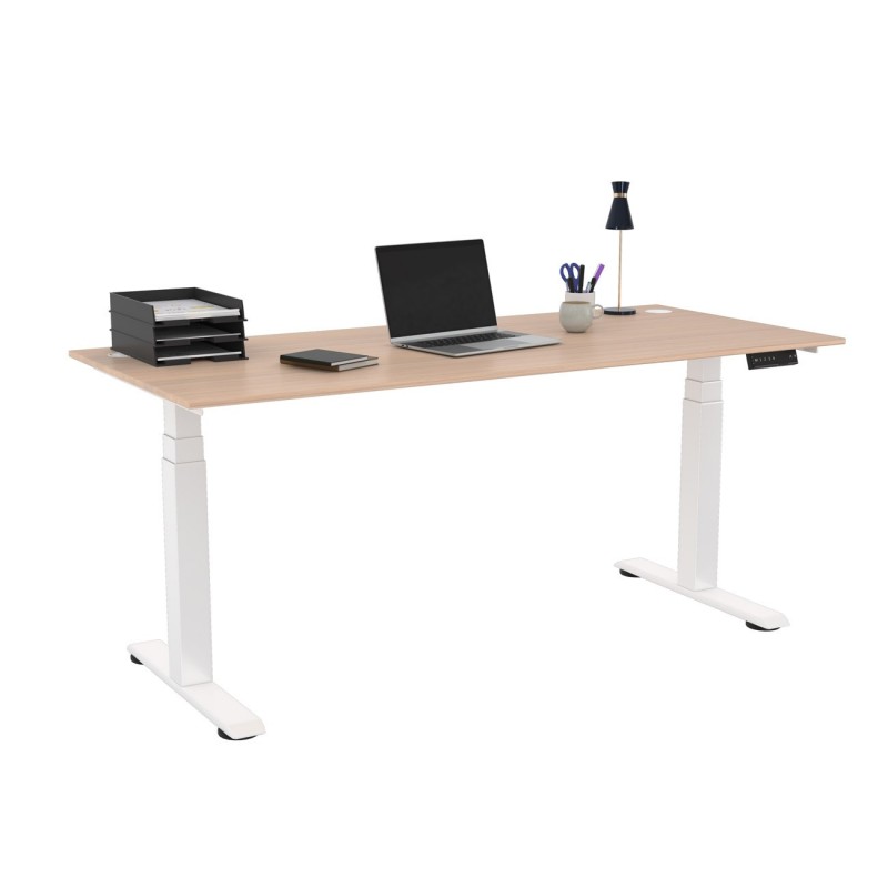Bureau assis-debout Activ'o - Réglage électrique en hauteur - L.180 x P.80 cm - Plateau Chêne avec obturateurs - Pieds métal Blanc