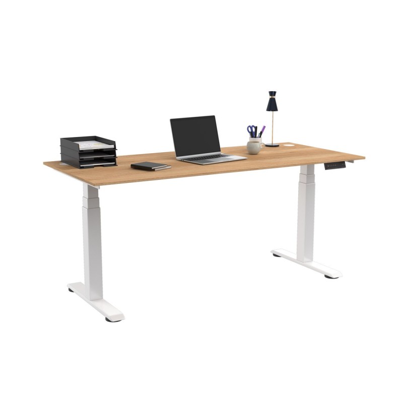 Bureau assis-debout Activ'o - Réglage électrique en hauteur - L.180 x P.80 cm - Plateau Hêtre avec obturateurs - Pieds métal Blanc