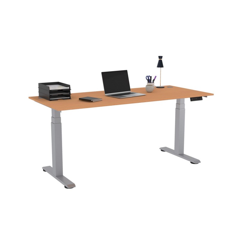 Bureau assis-debout Activ'o - Réglage électrique en hauteur - L.180 x P.80 cm - Plateau Hêtre avec obturateurs - Pieds métal Gris