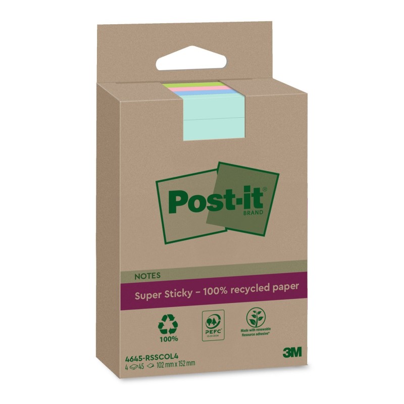 Post-it Bloc de notes Super Sticky Recyclées Lignées 102 x 152 mm Couleur assorties - Lot de 4 blocs de 45 Feuilles