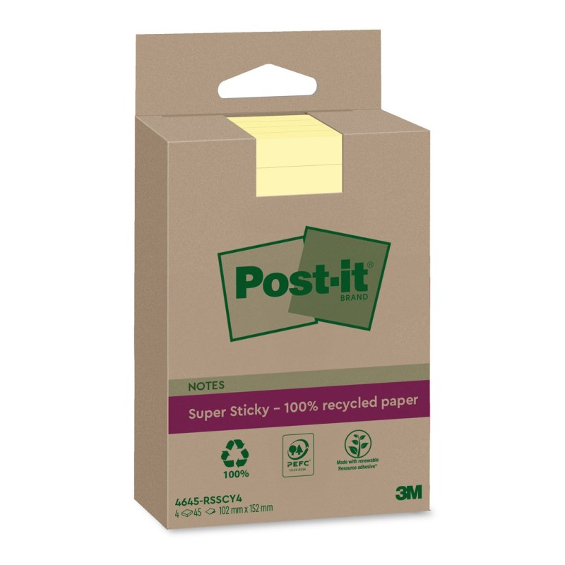 Post-it Bloc de notes Super Sticky Recyclées Lignées 102 x 152 mm Jaune - Lot de 4 blocs de 45 Feuilles