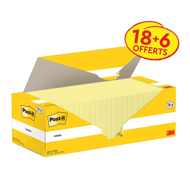 Post-it Notes repositionnables 127 x 76 mm - Jaune - Pack 18 blocs de 100 feuilles + 6 gratuits