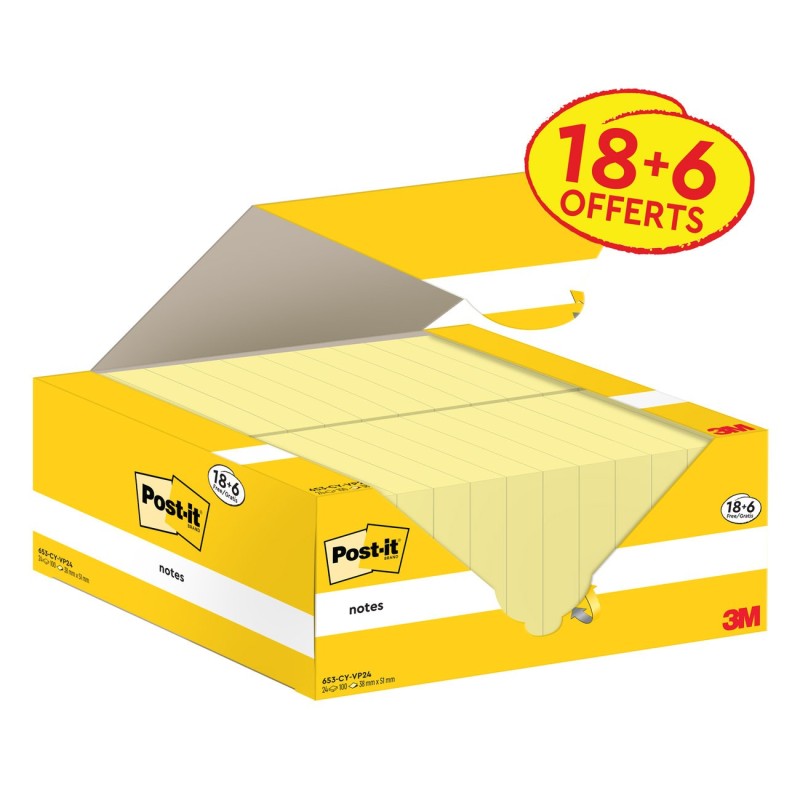 Post-it Notes repositionnables 38 x 51 mm - Jaune - Pack 18 blocs de 100 feuilles + 6 gratuits