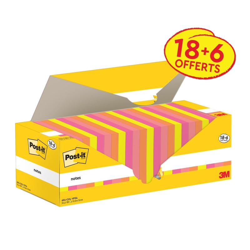Post-it Notes repositionnables 71 x 71 mm - Couleurs assorties - Pack 18 blocs de 100 feuilles + 6 gratuits