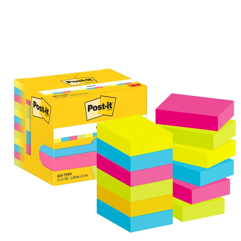 Post-it Notes repositionnables Energétic 38 x 51 mm - Coloris assortis - lot de 12 blocs de 100 feuilles