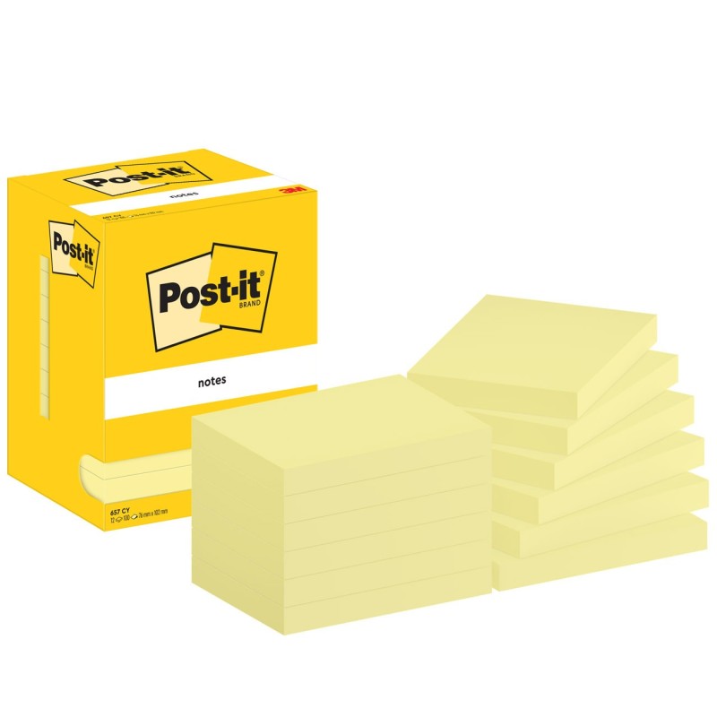 Post-it Notes repositionnables rectangle 76 x 102 Jaune - lot de 12 blocs de 100 feuilles