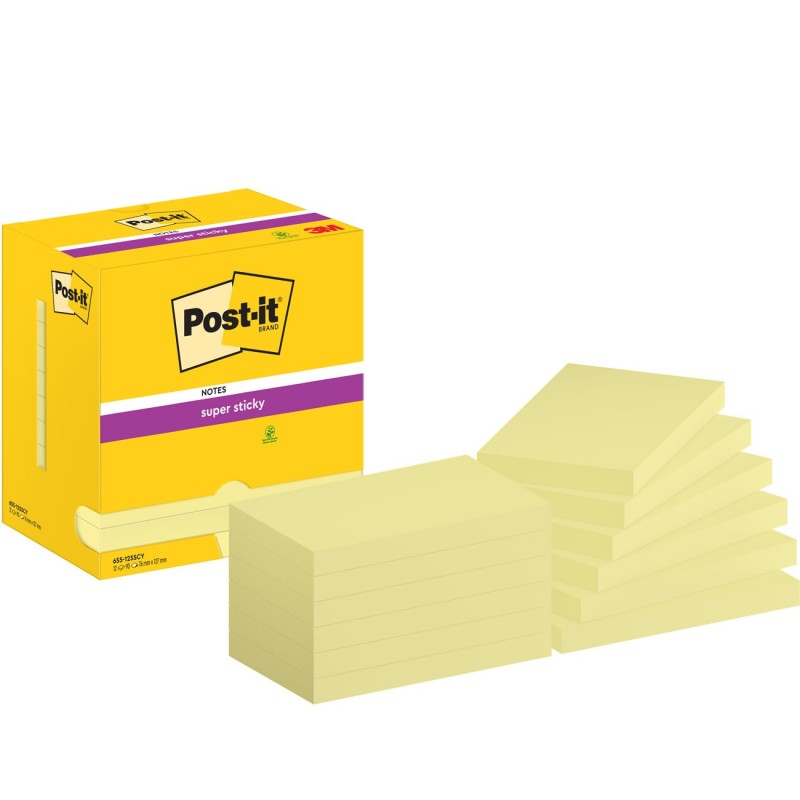 Post-it Notes repositionnables Super Sticky 76 x 127 mm - Jaune - Lot 12 blocs de 90 feuilles