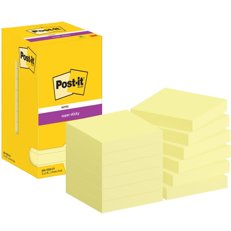 Post-it Notes repositionnables Super Sticky 76 x 76 mm - Jaune - Lot 12 blocs de 90 feuilles