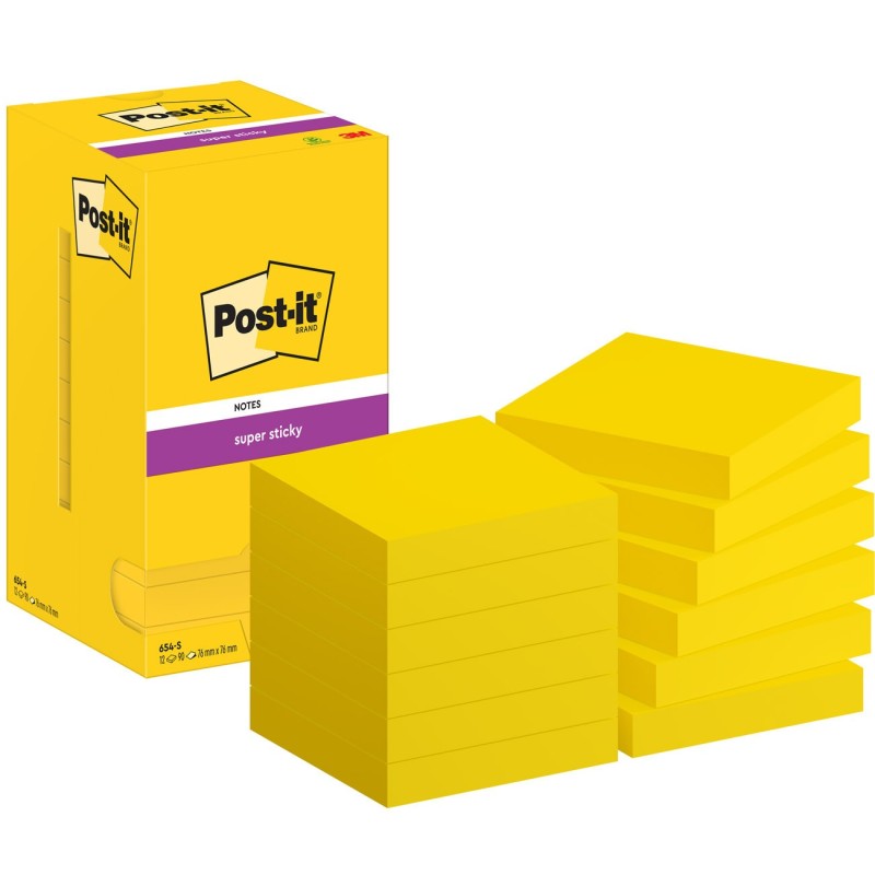 Post-it Notes repositionnables Super Sticky 76 x 76 mm - Jonquille - Lot 12 blocs de 90 feuilles