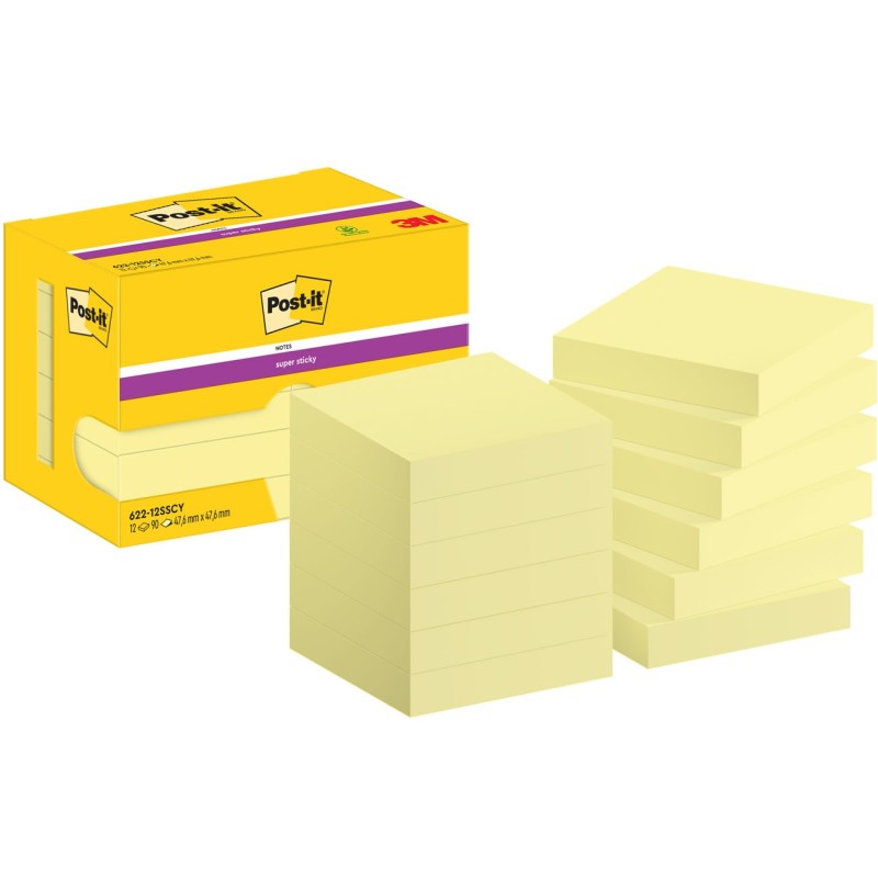 Post-it Notes repositionnables Super Sticky carré Jaune canari 51 x 51 mm - lot de 12 blocs de 90 feuilles