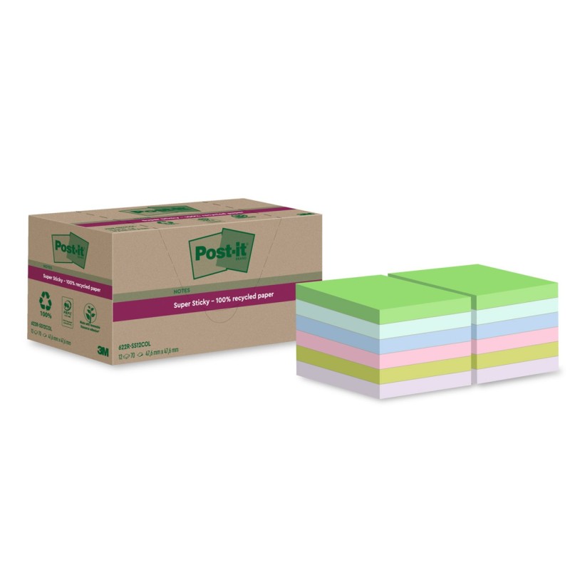 Post-it Notes repositionnables Super Sticky recyclées 48 x 48 mm - Assorties - Lot 12 blocs de 70 feuilles