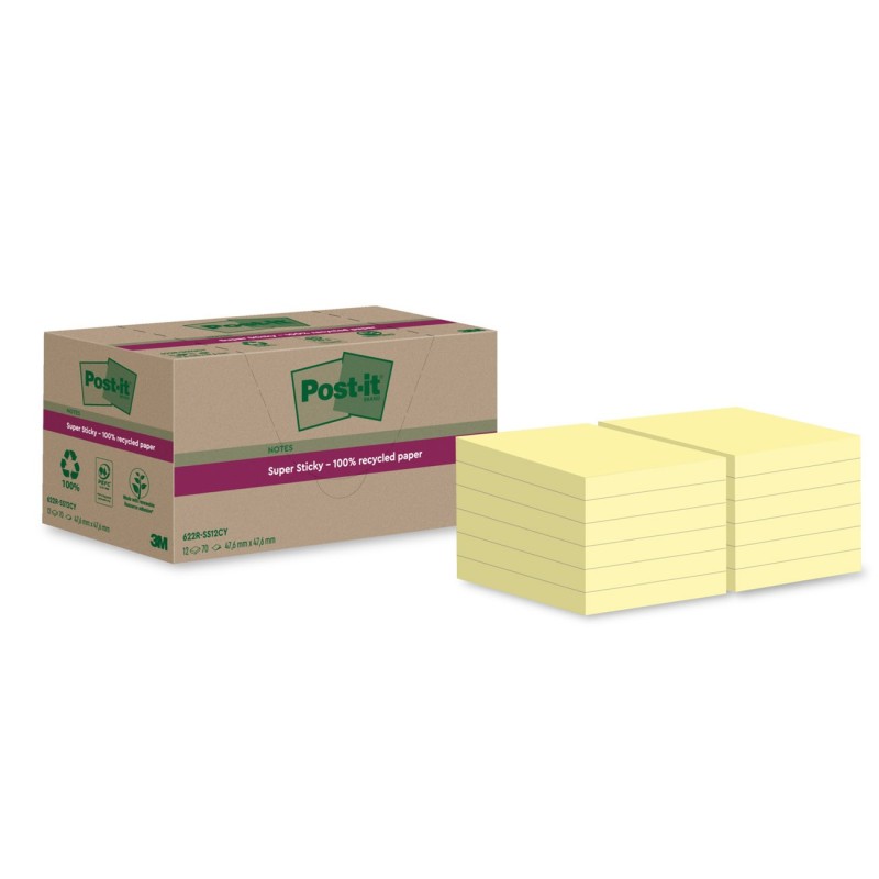 Post-it Notes repositionnables Super Sticky recyclées 48 x 48 mm - Jaune - Lot 12 blocs de 70 feuilles