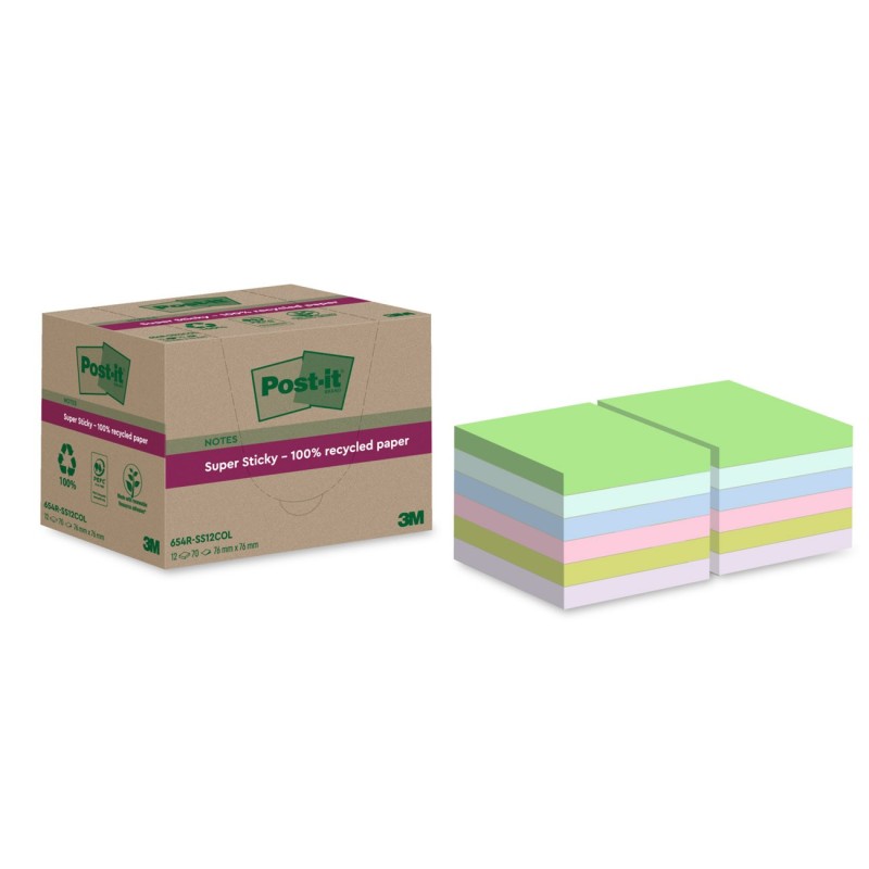 Post-it Notes repositionnables Super Sticky recyclées 76 x 76 mm - Assorties - Lot 12 blocs de 70 feuilles
