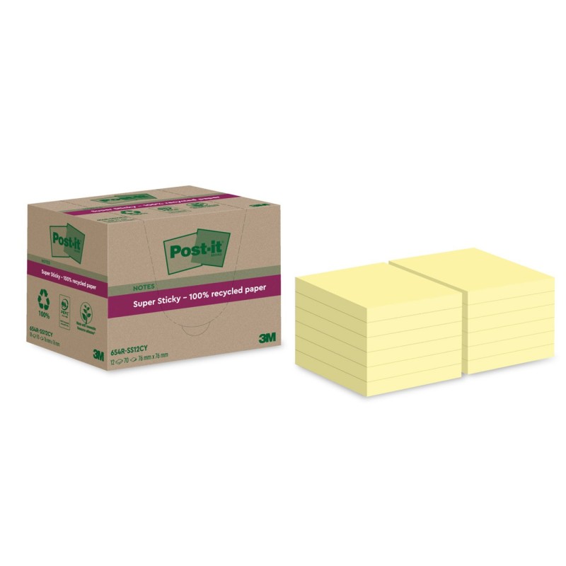 Post-it Notes repositionnables Super Sticky recyclées 76 x 76 mm - Jaune - Lot 12 blocs de 70 feuilles