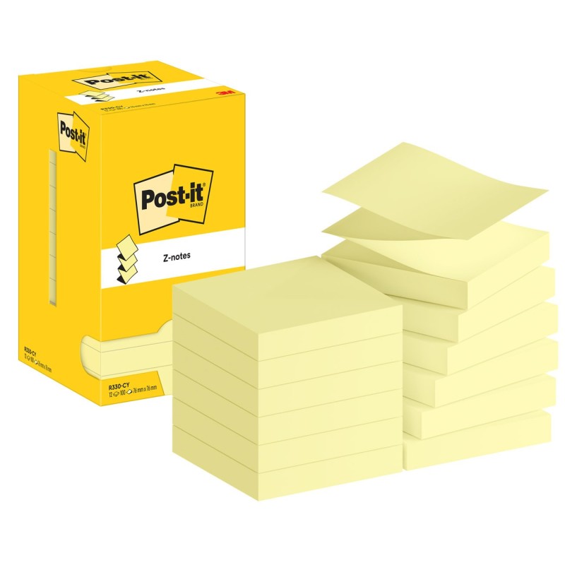 Post-it Notes Repositionnables Z-Notes carrées Jaune 76 x 76 mm - lot de 12 blocs de 100 feuilles