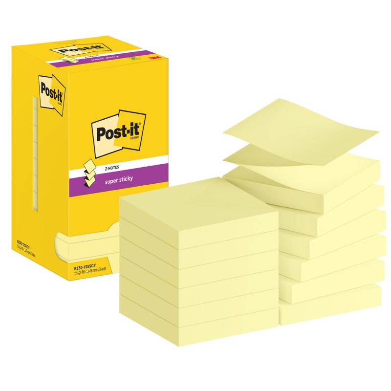 Post-it Notes Repositionnables Z-Notes Super Sticky carrées Jaune 76 x 76 mm - lot de 12 blocs de 90 feuilles