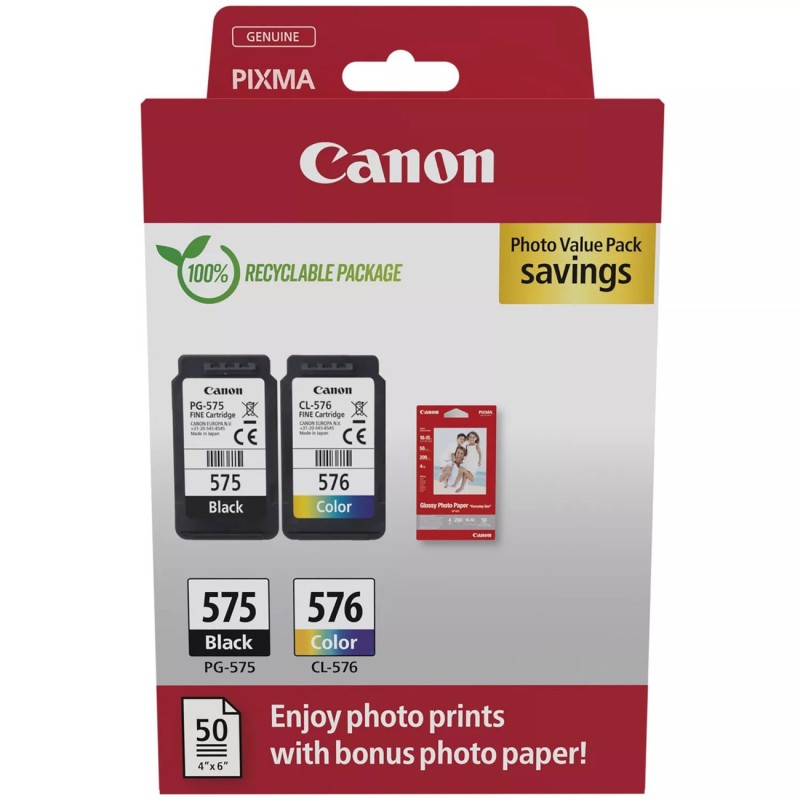 Canon PG-575/CL-576 Cartouche authentique - Pack de 2 (Noir + Couleur) + Papier Photo 10 x 15 cm (50 feuilles)