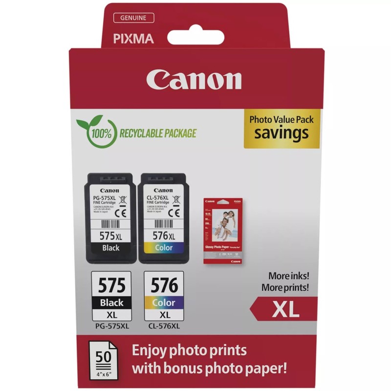 Canon PG-575XL/CL-576XL Cartouches authentique grande capacité - Pack de 2 (Noir + Couleur) + Papier Photo 10 x 15 cm (50 feuilles)