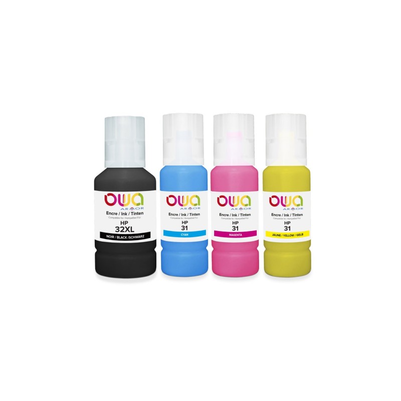 OWA Bouteille d'encre compatible HP 31/32XL - K10620OW - Pack de 4 (Noir, Cyan, Magenta, Jaune)