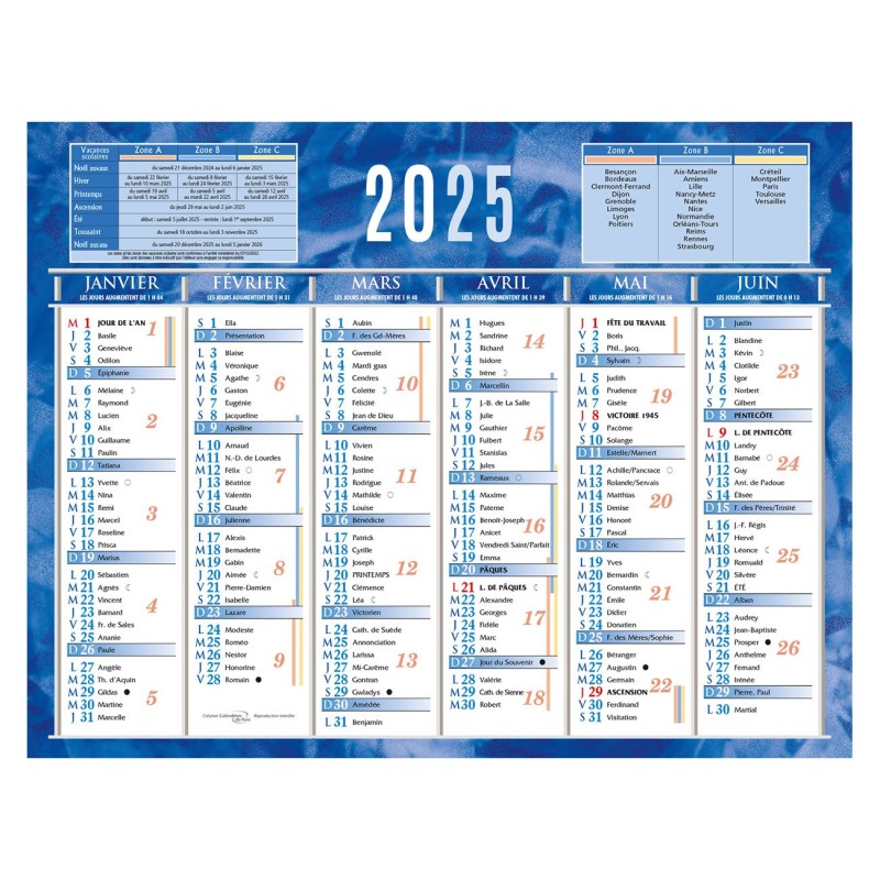 Bouchut Calendrier mural annuel (6 mois / face) - Bleu - 17,5 x 13,5 cm - 2025