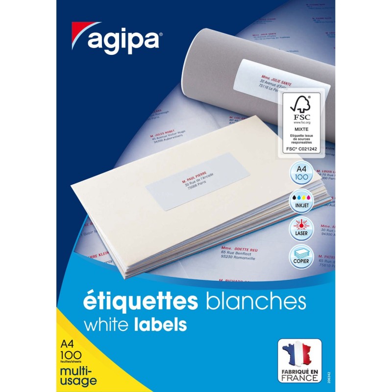 AGIPA 100634 Etiquettes blanches coins droits multi-usage 51 x 33,8 mm - Boite de 3200