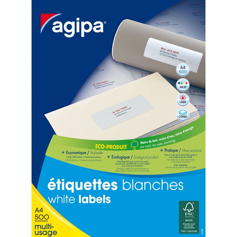 AGIPA 100800 Etiquettes blanches coins droits multi-usage 70 x 35 mm - Boite de 12000