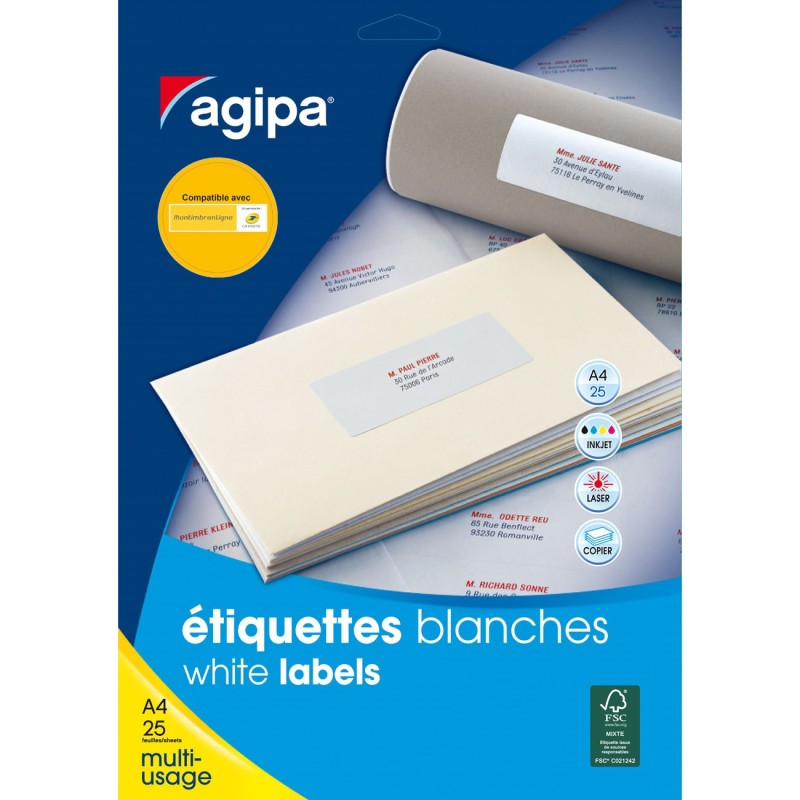 AGIPA 101313 Etiquettes blanches coins arrondis multi-usage 70 x 37 mm - Pochette de 600