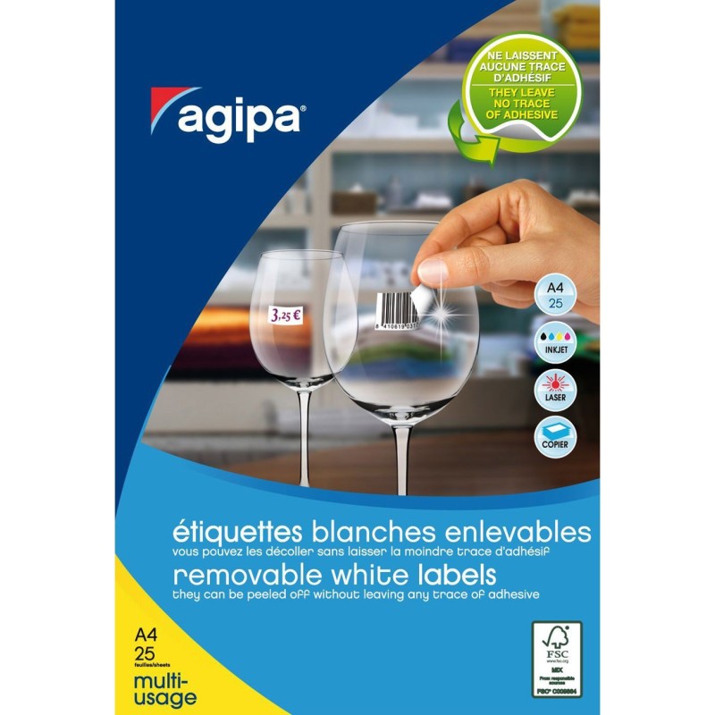 AGIPA 102638 Etiquettes blanches enlevables coins arrondis multi-usage 45,7 x 21,2 mm - Pochette de 1200