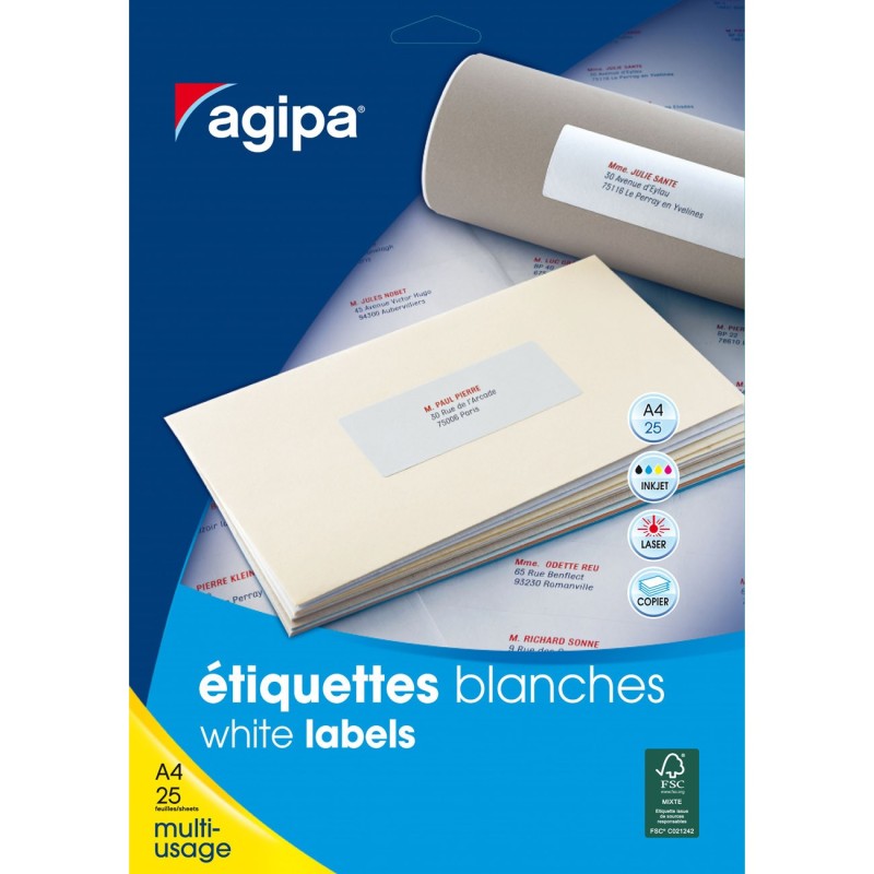 AGIPA 119610 Etiquettes blanches coins arrondis multi-usage 99,1 x 67,7 mm - Pochette de 200