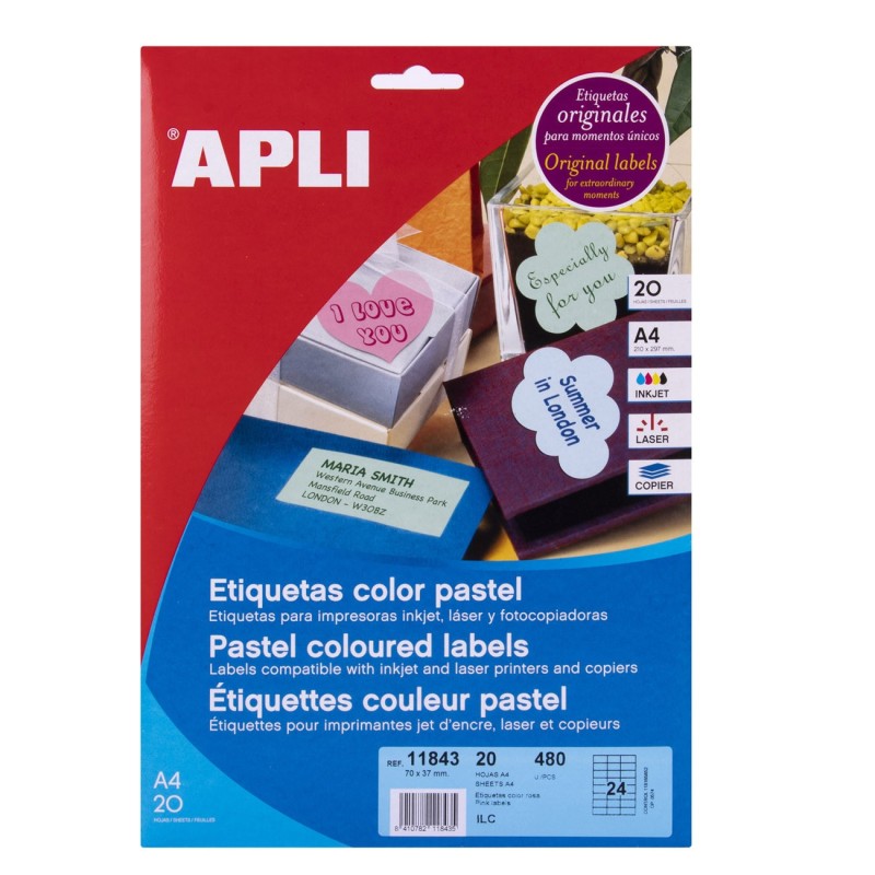 APLI 11843 Etiquettes roses pastel coins droits multi-usage 70 x 37 mm - Pochette de 480