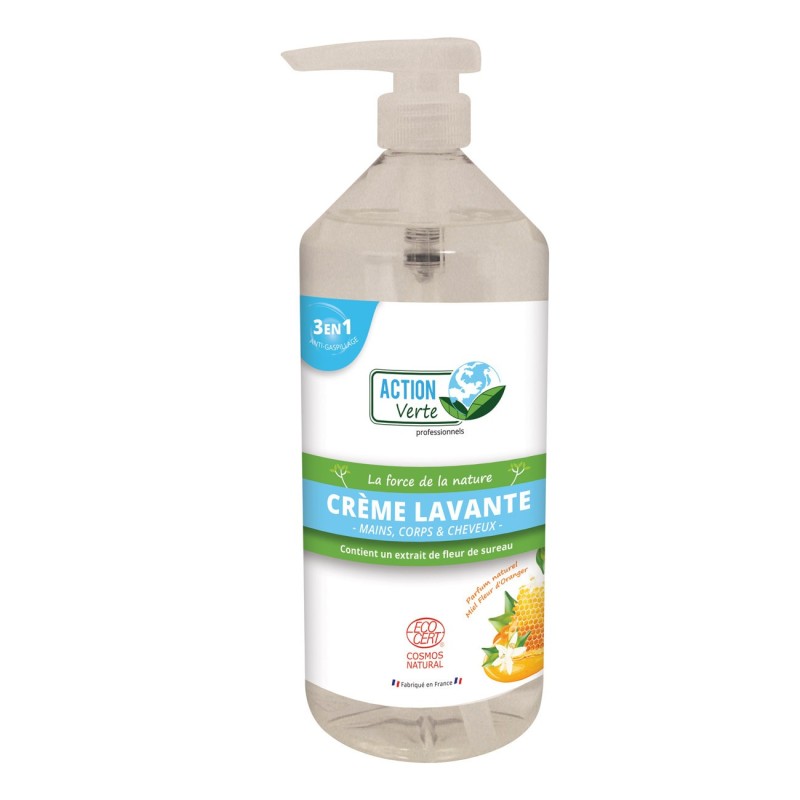 Action Verte Savon crème lavante mains, corps et cheveux à la glycérine et fleur de sureau bio - Flacon 1L