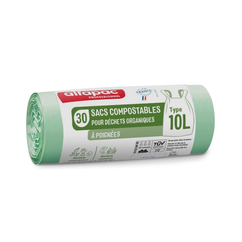 Alfapac Sac poubelle compostable 10L Vert à poignées - Lot de 720