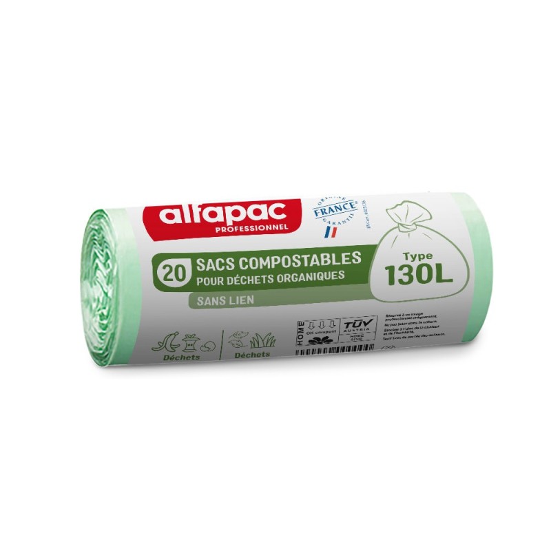 Alfapac Sac poubelle compostable 130L Vert translucide - Lot de 100