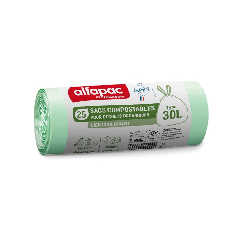 Alfapac Sac poubelle compostable 30L Vert liens coulissants - Lot de 250