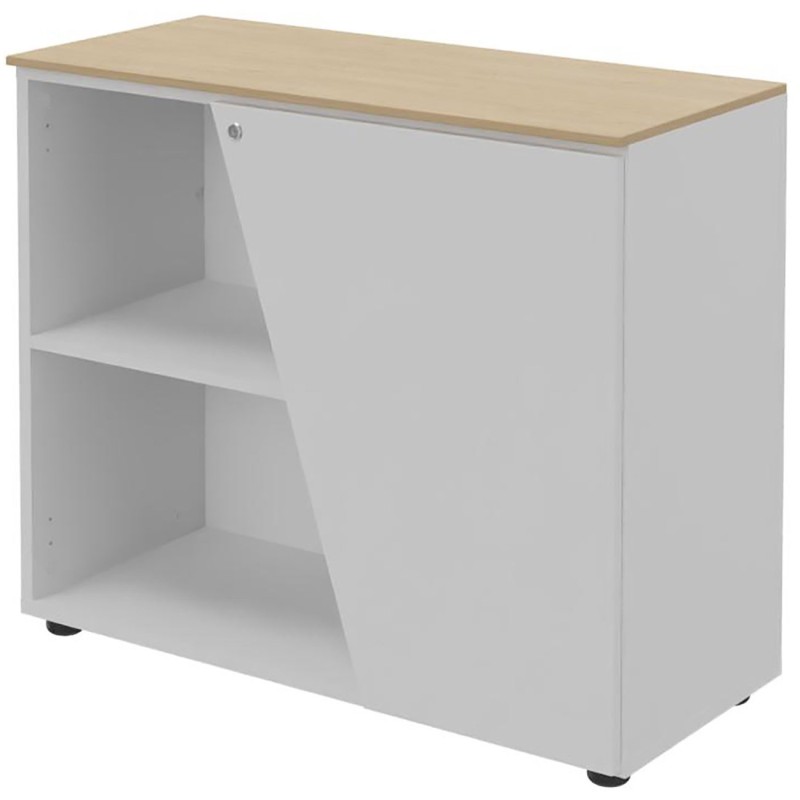 Armoire basse porte à droite Rhéa - L. 90 x P. 40 x H. 76 cm - Plateau Chêne - Porte Blanche