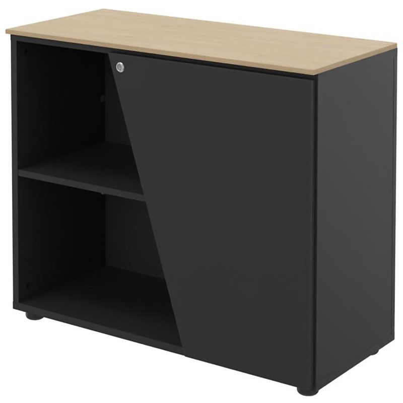 Armoire basse porte à droite Rhéa - L. 90 x P. 40 x H. 76 cm - Plateau Chêne - Porte Carbone