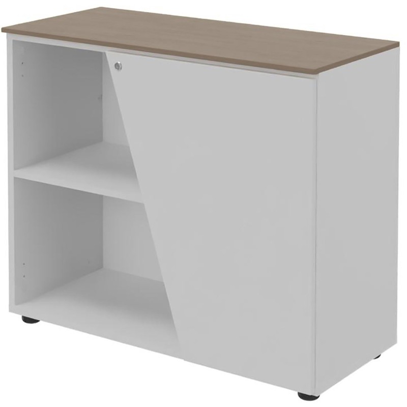 Armoire basse porte à droite Rhéa - L. 90 x P. 40 x H. 76 cm - Plateau Noyer - Porte Blanche