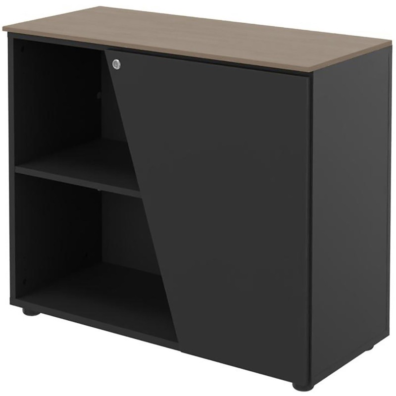 Armoire basse porte à droite Rhéa - L. 90 x P. 40 x H. 76 cm - Plateau Noyer - Porte Carbone