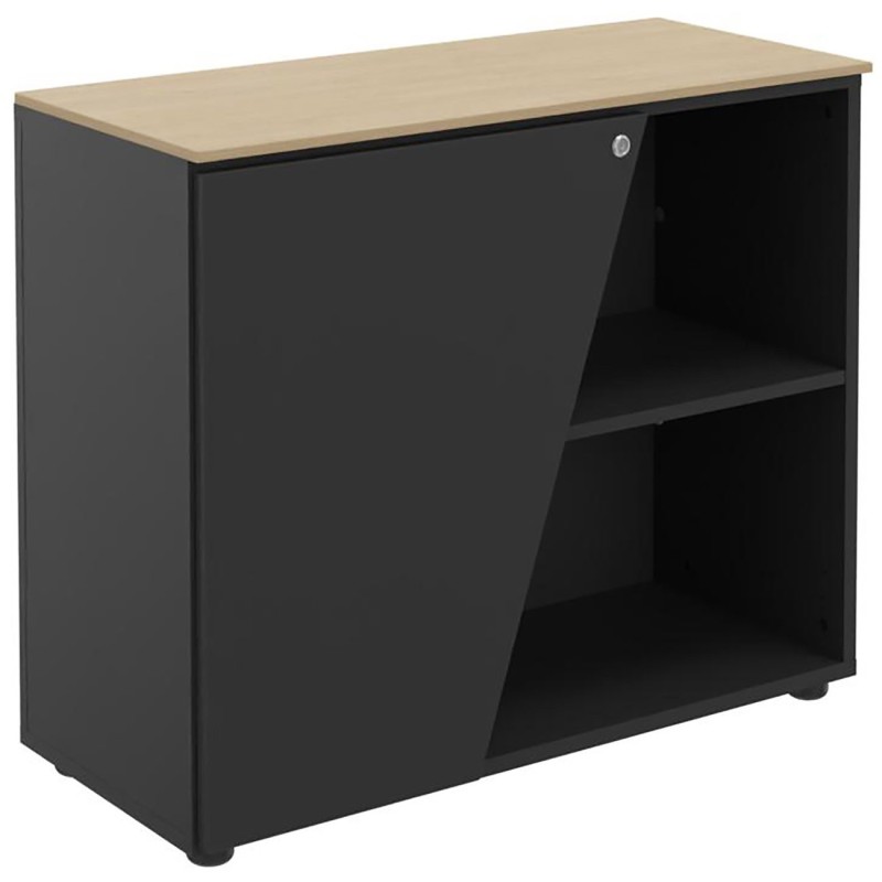 Armoire basse porte à gauche Rhéa - L. 90 x P. 40 x H. 76 cm - Plateau Chêne - Porte Carbone