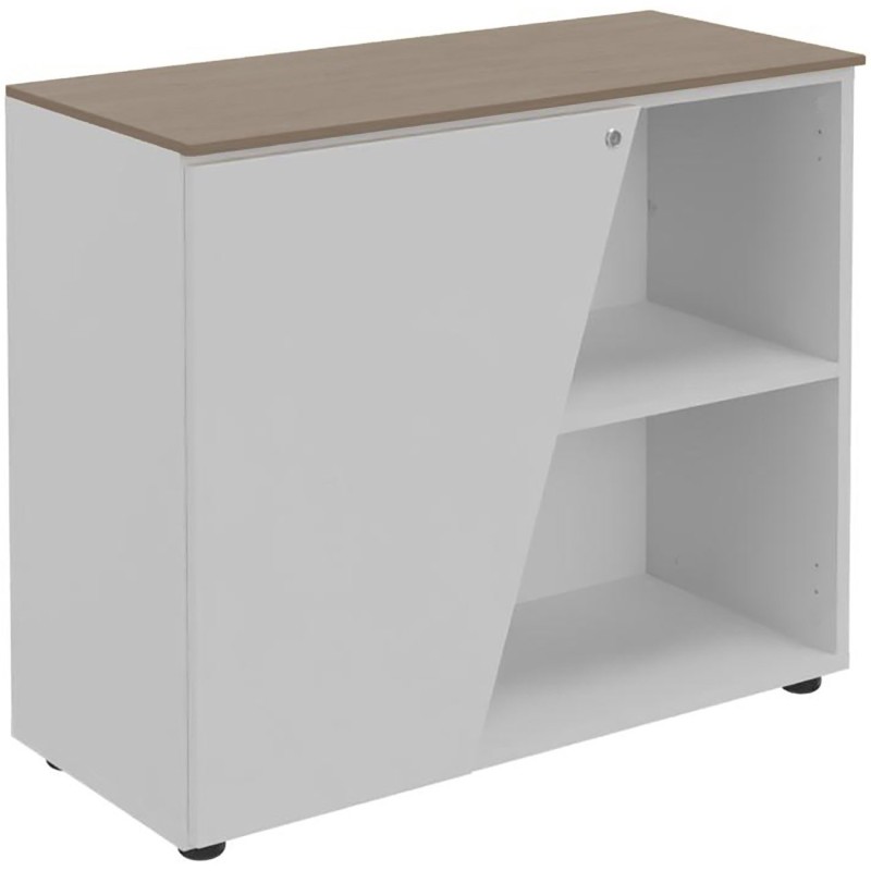 Armoire basse porte à gauche Rhéa - L. 90 x P. 40 x H. 76 cm - Plateau Noyer - Porte Blanche