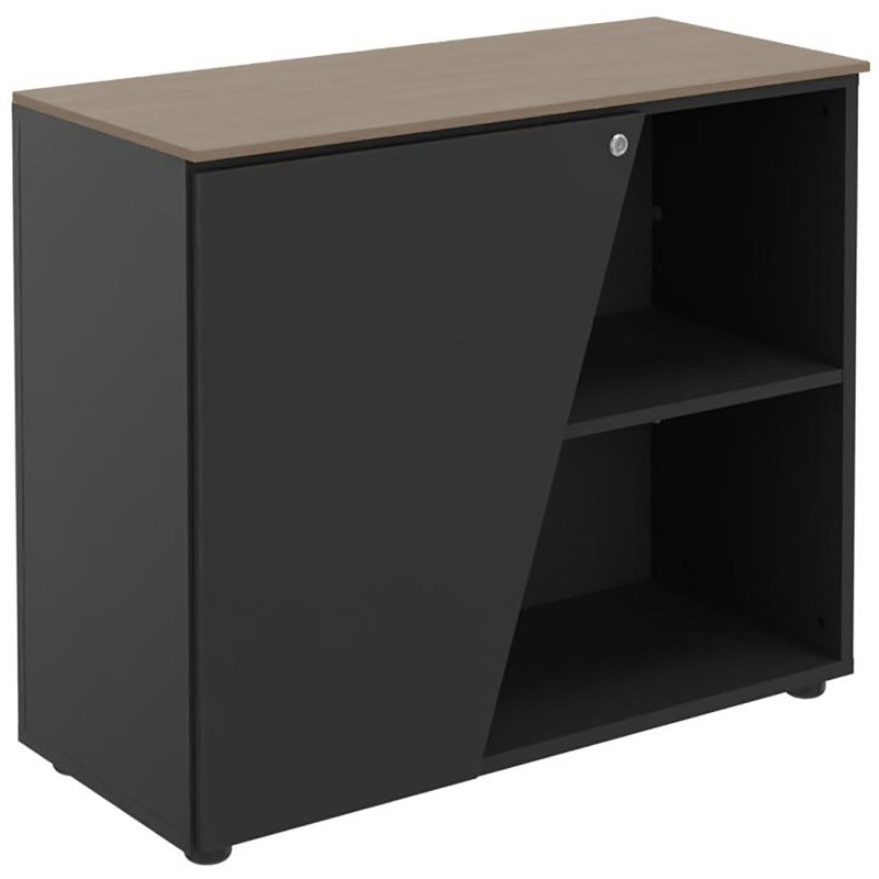 Armoire basse porte à gauche Rhéa - L. 90 x P. 40 x H. 76 cm - Plateau Noyer - Porte Carbone