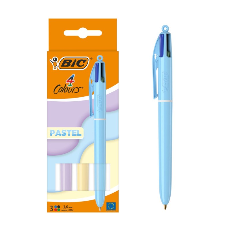 BIC 4 couleurs Stylo bille rétractable pointe moyenne 1 mm - Corps couleurs assorties pastel - Lot de 3
