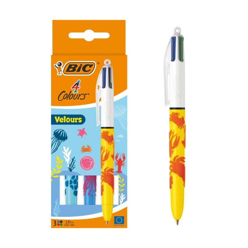 BIC 4 couleurs Velours Stylo bille rétractable pointe moyenne 1 mm - Corps couleurs assorties - Lot de 3