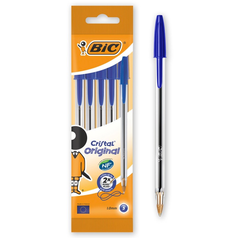 BIC Cristal Original Stylo bille à capuchon pointe moyenne 1 mm bleu - Pochette de 5