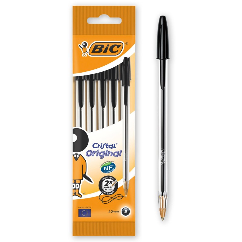 BIC Cristal Original Stylo bille à capuchon pointe moyenne 1 mm noir - Pochette de 5