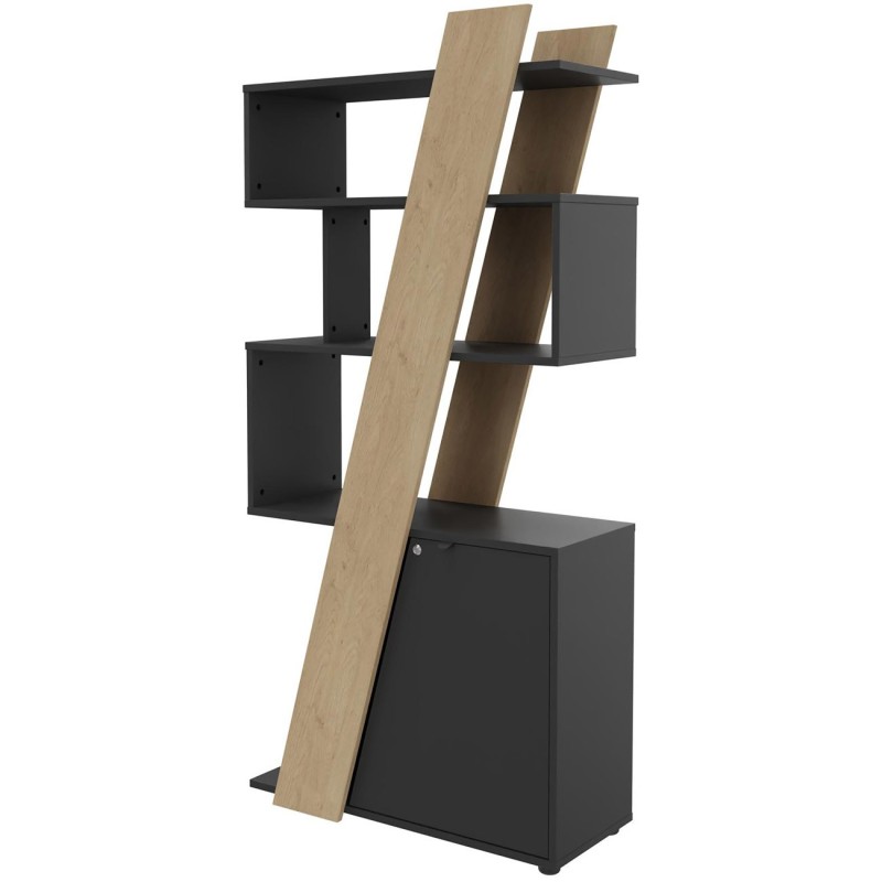 Bibliothèque porte à droite Rhéa L. 90 x P. 40 x H 190 cm - Structure Chêne - Porte Carbone